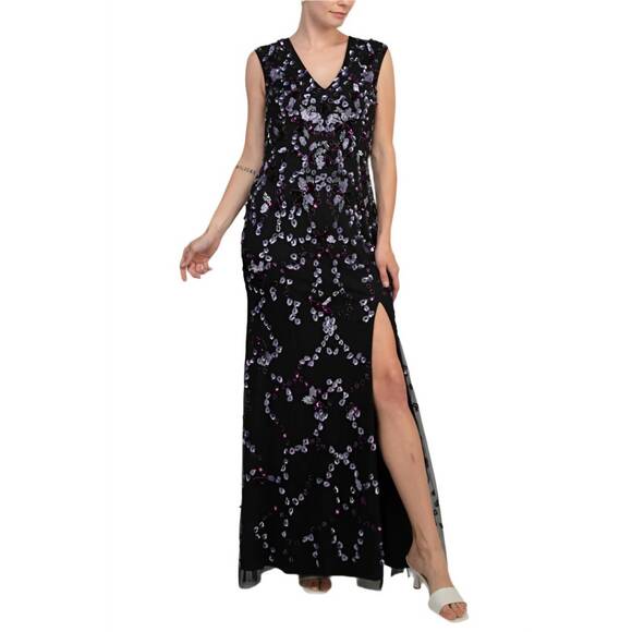 NEW ADRIANNA PAPELL beaded v neck cap sleeve front slit gown in black purple